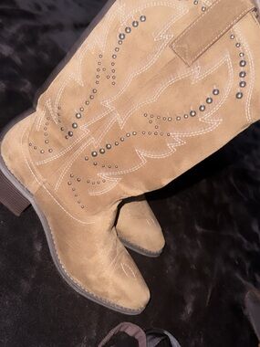 Marshalls Tan Suede Western Knee-High Boots with Stud Accents